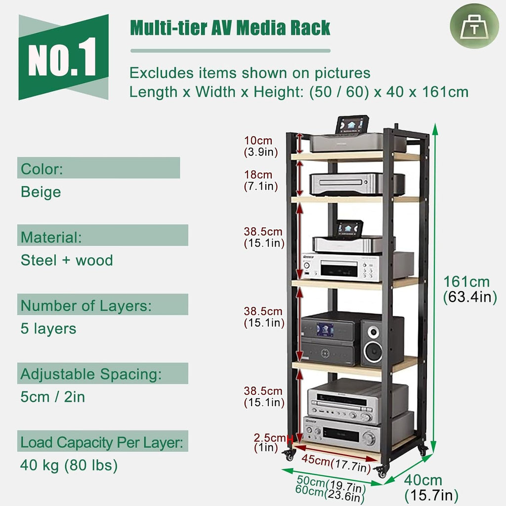 Stereo Cabinets with Adjustable Shelf - Audio Equipment Rolling Cart 20 24 Inches Wide - AV Media Stand Heavy Duty 5 6 7 8 Tier - Ease of Installation(W50cm-5 Tier)