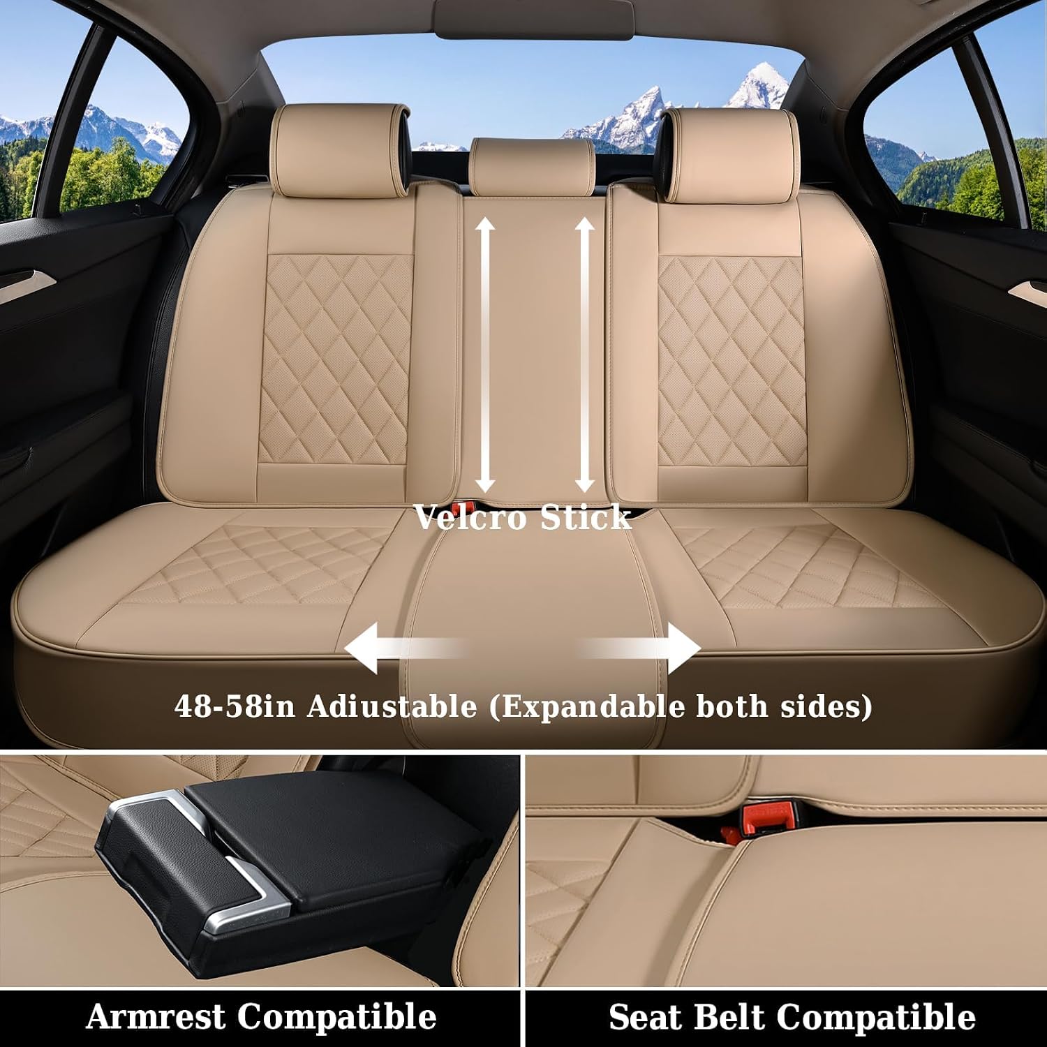 Coverado Car Seat Covers Full Set, Luxury Faux Leather Waterproof Seat Cover, 5 Seat Universal Seat Covers for Cars, Front and Back Car Seat Protector, Beige Leather Seat Cover Fit for Most Cars