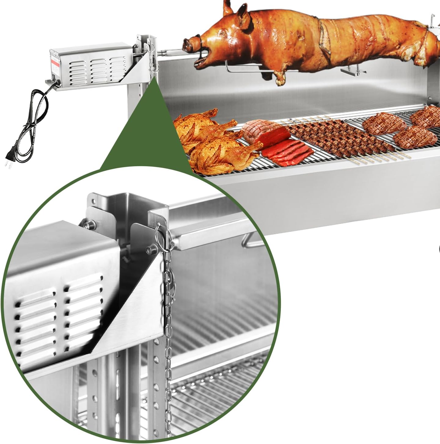 Kendane Rotisserie Grill Charcoal Spit Roaster, Stainless Steel 46' Pig Lamb Hooded Roaster Charcoal Spit with 30W Motor & Adjustable Height Lockable Casters for Party Barbecue, Rated 150 LB