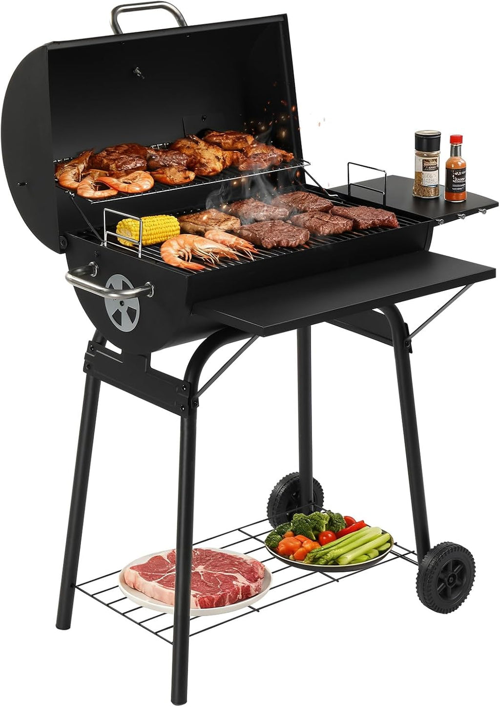 VINGLI Upgraded Barrel Charcoal Grill with Side Front Tables, Adjustable Charcoal Tray BBQ Grill Outdoor Smoker Grill with Wheels for Party Garden Patio and Backyard Cooking 39''D × 24''W × 46''H