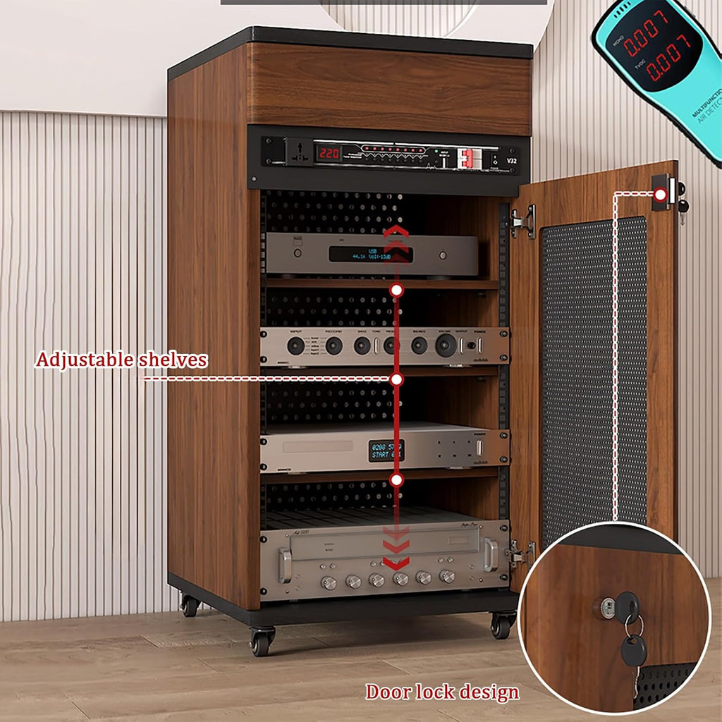 Modern Media Storage Cabinet on Wheels, Lockable AV Cabinet with Drawer, Adjustable Shelves & Cable Management, Black, 52x55x90cm - Ideal for Stereo Equipment & Home Entertainment
