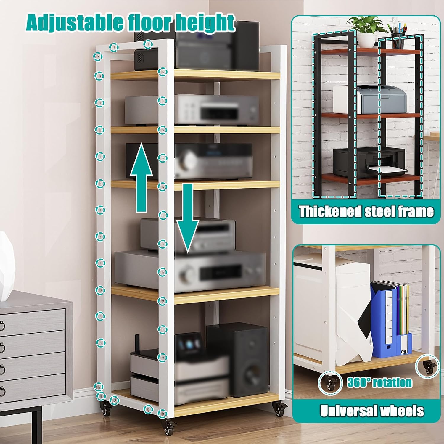 Stereo Stands and Racks with Wheels - Modern Stereo Cabinet with Adjustable Shelves for Audio-Video Shelving Unit Storage Equipment - Media Stand Shelf for Living Roo B 4-Tier(A): L23.6×W15.7×H55.1in