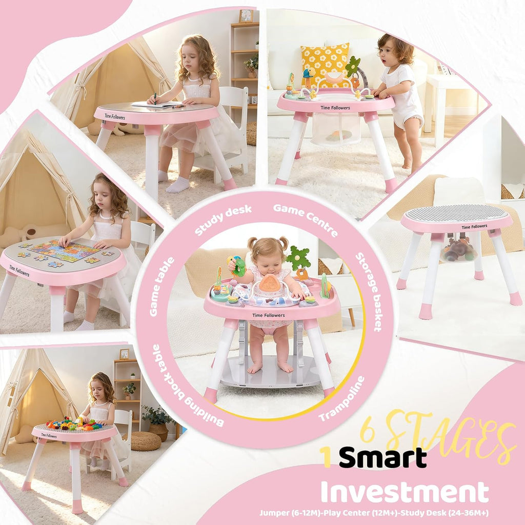 Time Followers® 6-in-1 Baby Activity Center | 4 Stage Montessori-Inspired Toys | Grow Stationary Standing Toddler Table | Jumpers & Bouncers | Must Have for Boy & Girl 6, 12, 24+ Month Old (Pink)