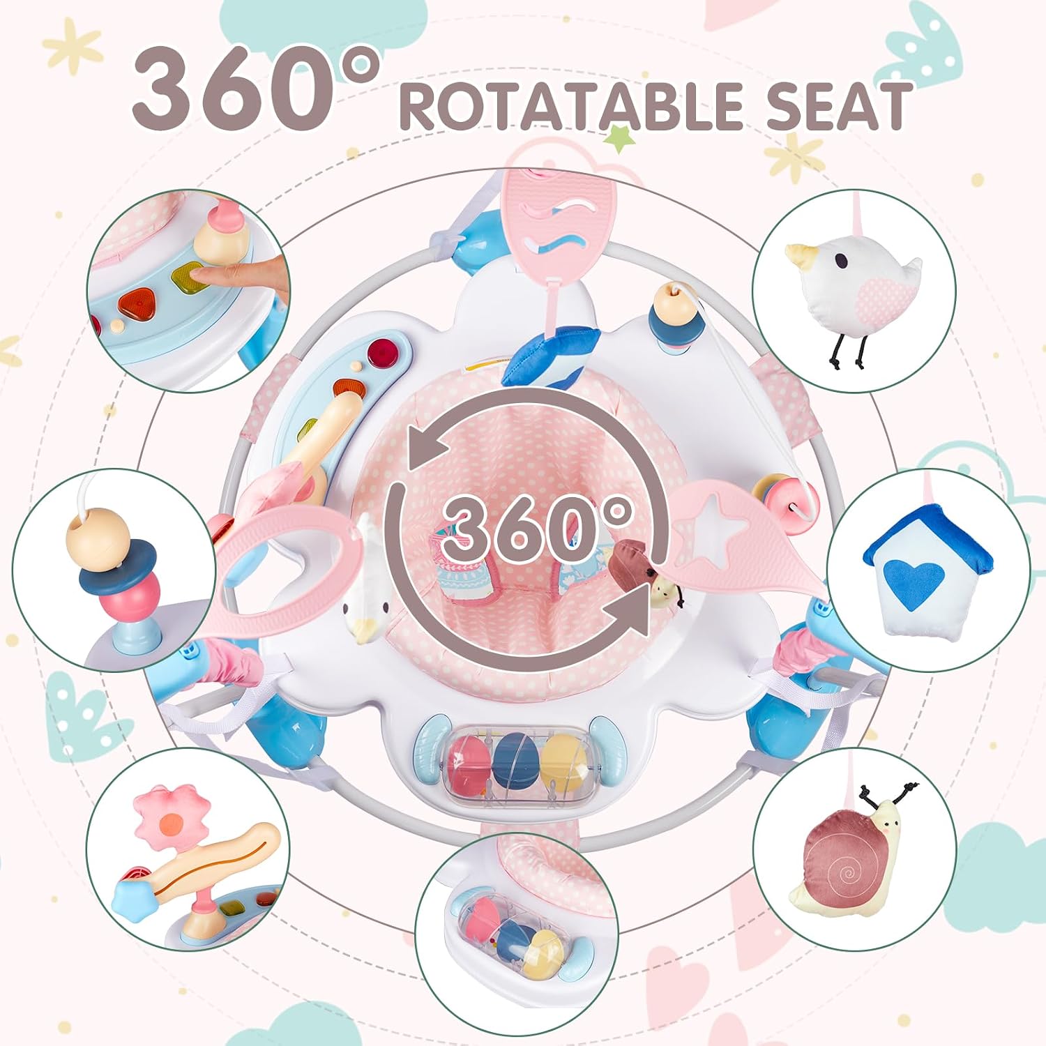 Baby Activity Center, 3-in-1 Baby Jumper, Infant Activity Center with 360° Rotating Seat, Music, Lights, 3 Adjustable Heights, Infant Activity Jumper for 6+ Months JP2402