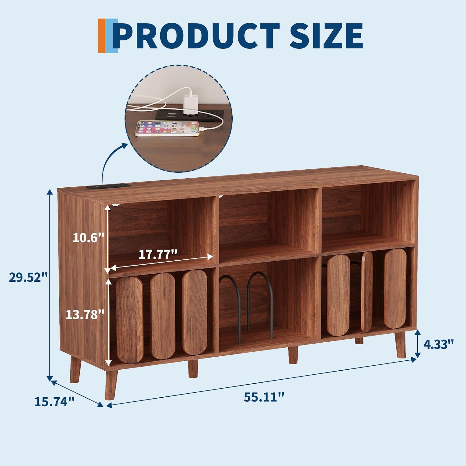 55'' Large Record Player Stand with Charging Station - Vinyl Record Storage Cabinet with 2 USB Ports, Open Shelves & Turntable Holder, Mid-Century Modern Wood TV Media Console for Living Room