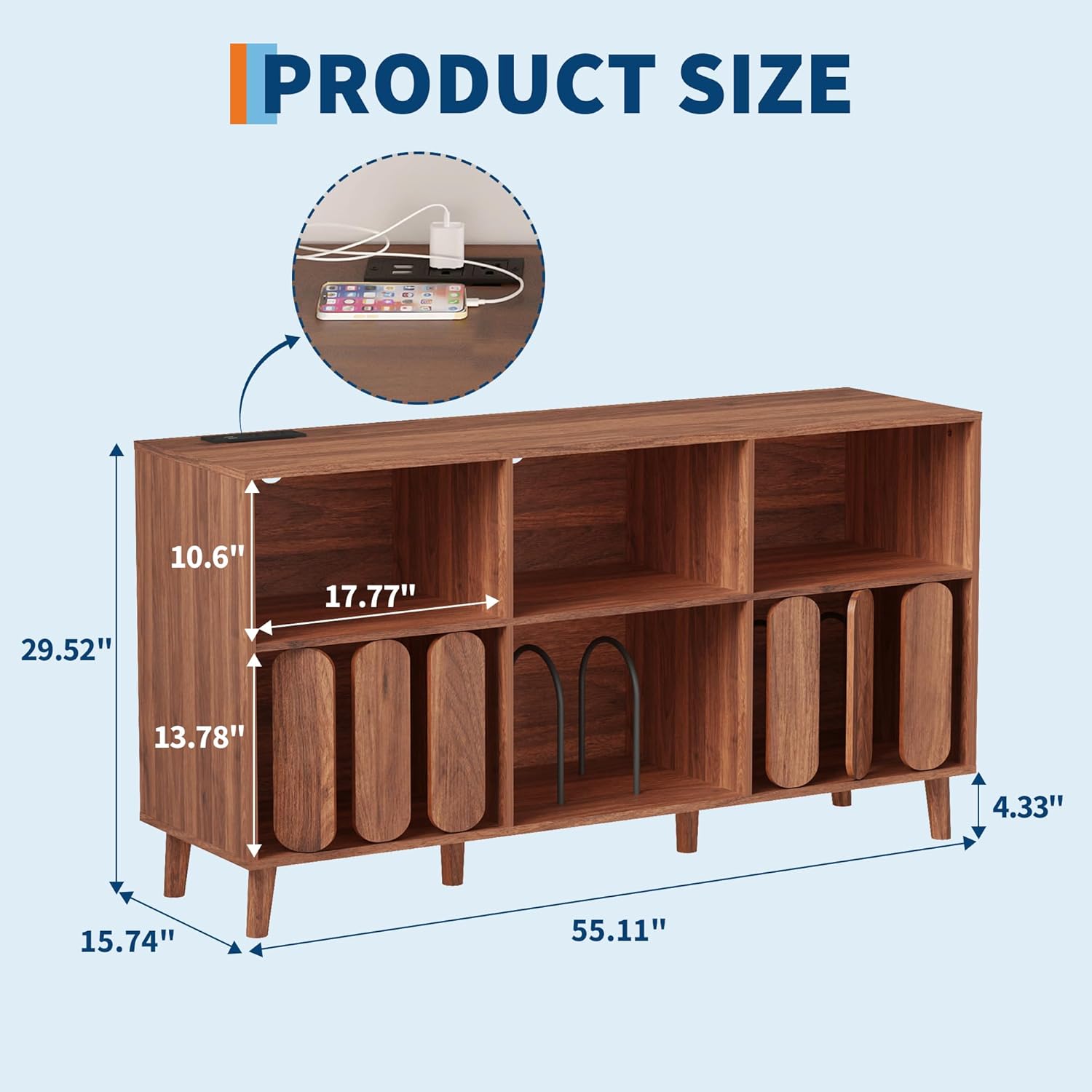 Modern Large Record Player Stand with Power Outlet, 55'' Mid-Century Vinyl Record Storage Holder Turntable Stand Record Stand Table with Charging Station, Wood TV Stand Media Console