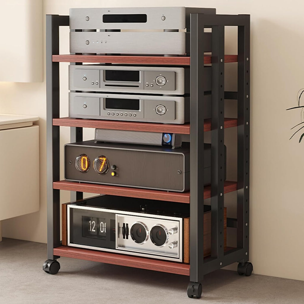 WDJBPSH Large Audio Equipment Storage Solution, 4-Tier Mobile Wooden Stereo Cabinet Rack for Amplifiers/Players/TV Accessories, with Height Adjustable Shelf(36cm/14.2in)