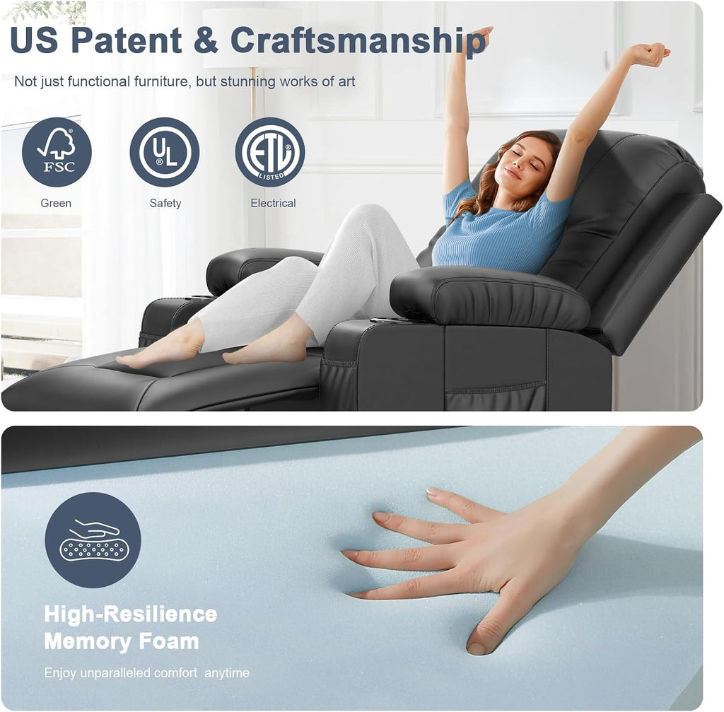 Recliner Chair, Swivel Rocker Recliner with Massage & Heat, Reclining Chair with Cup Holder & Pocket, 360° Swivel Home Theater Seating Lounge Recliner