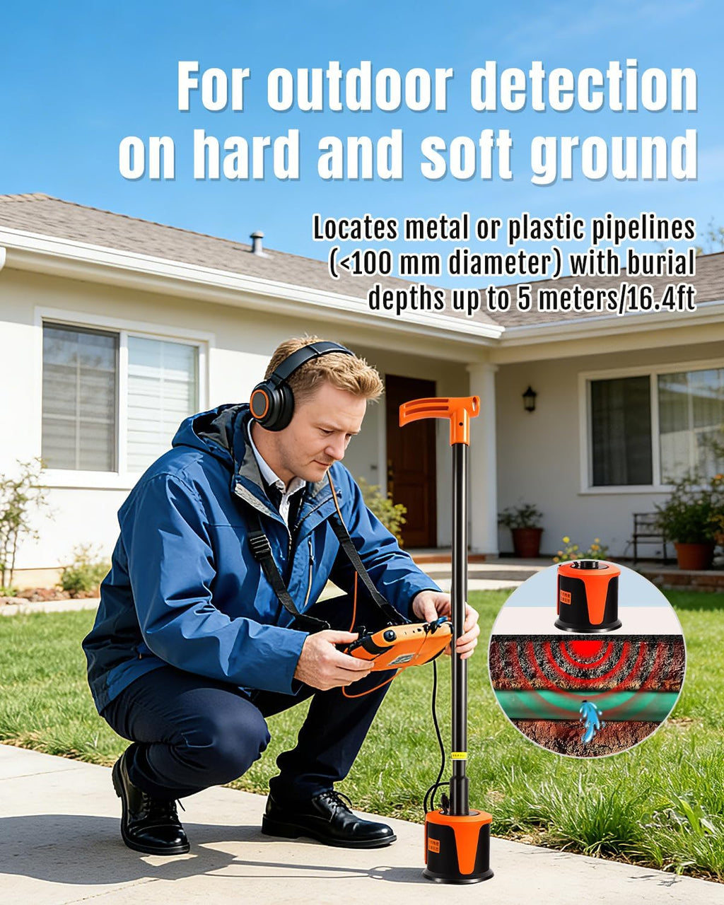 Water Leak Detector, Wall/Outdoor Underground Water Leak Detector with High-Precision Sensor Carry Case 5m Depth - L3000