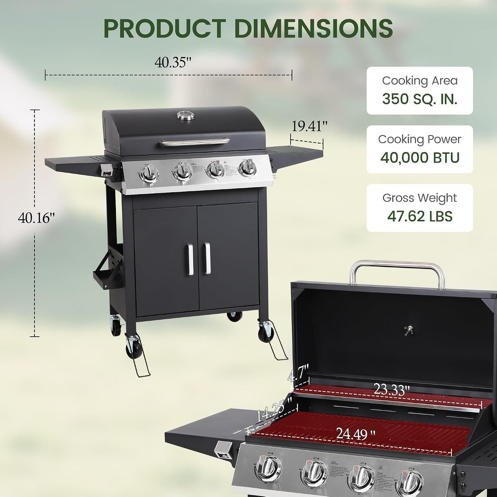 HUGROVE 4-Burner Propane Gas BBQ Grill, Upgraded 40,000 BTU Stainless Steel Barbecue Grill with Foldable Side Tables, Spice Rack & Wheels for Outdoor Cooking