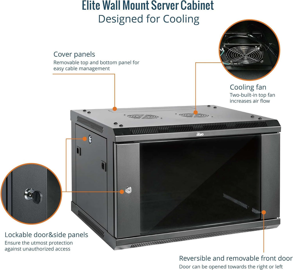 Tecmojo Elite Collection 6U Wall Mount Server Cabinet IT Network Rack Enclosure Lockable Door and Side Panels Black (Black, Elite/Glass/17.7inch Deep)