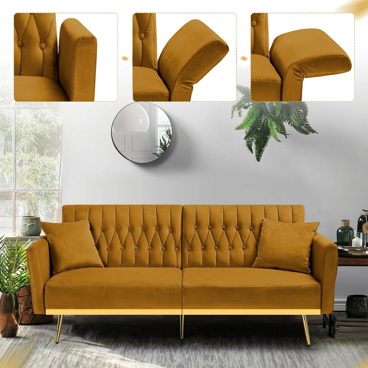 70' Velvet Futon Sofa Bed with 2 Pillows and Adjustable Armrests, Convertible Sleeper Bed W/Adjustable Backrests, Modern Loveseat for Living Room, Bedroom, Ginger