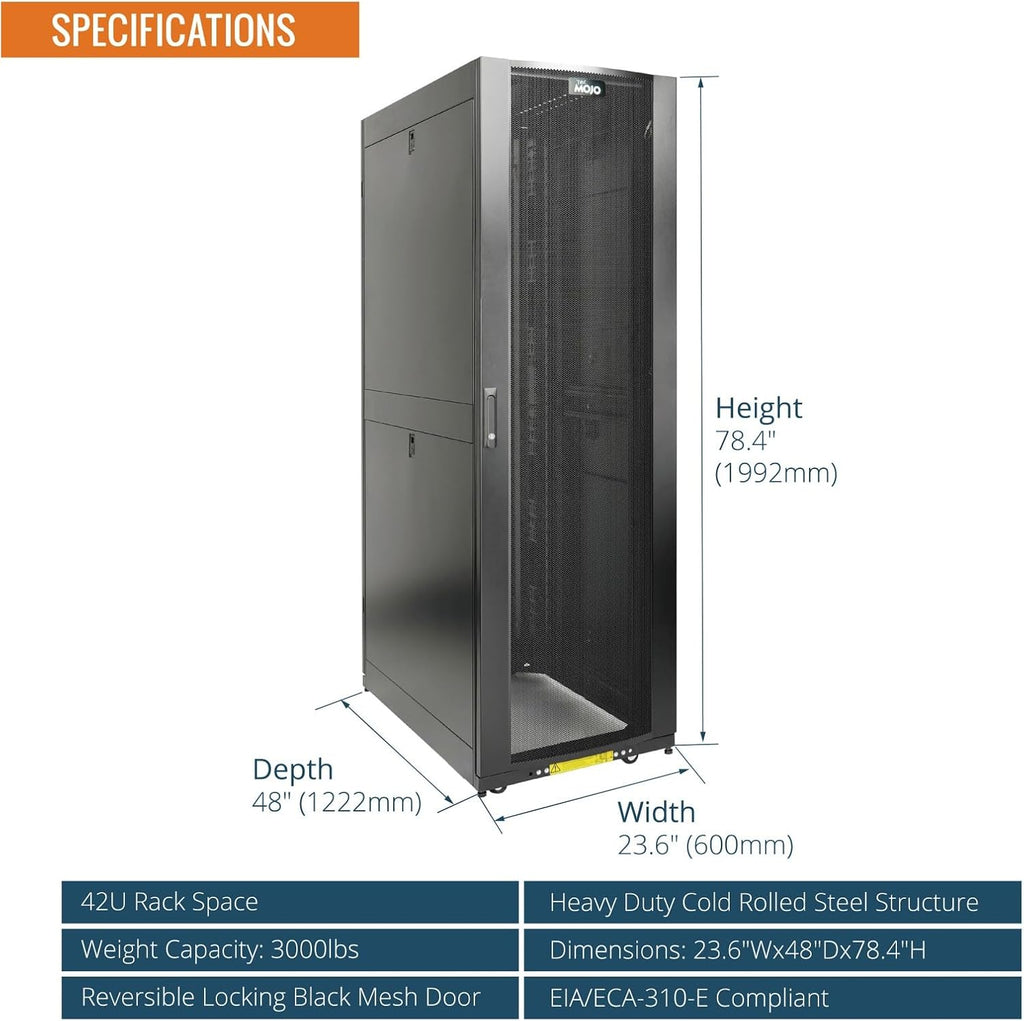 Tecmojo 42U Server Rack Cabinet - PRE-Assembled 24inch Width 48inch Depth IT Network Equipment Cabinet Rack Enclosure with Casters - 3000lbs Weight Capacity(06Black)