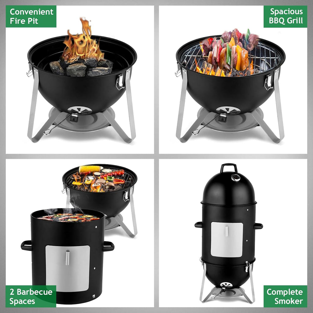 VINGLI 4-Tier 3-in-1 Vertical Charcoal Grill, 18.8 Charcoal Smoker with Built-in Thermometer, Air Vent and Access Doors, Perfect for Outdoor Cookings, Camping, Picnics, BBQs, and Tailgating Parties