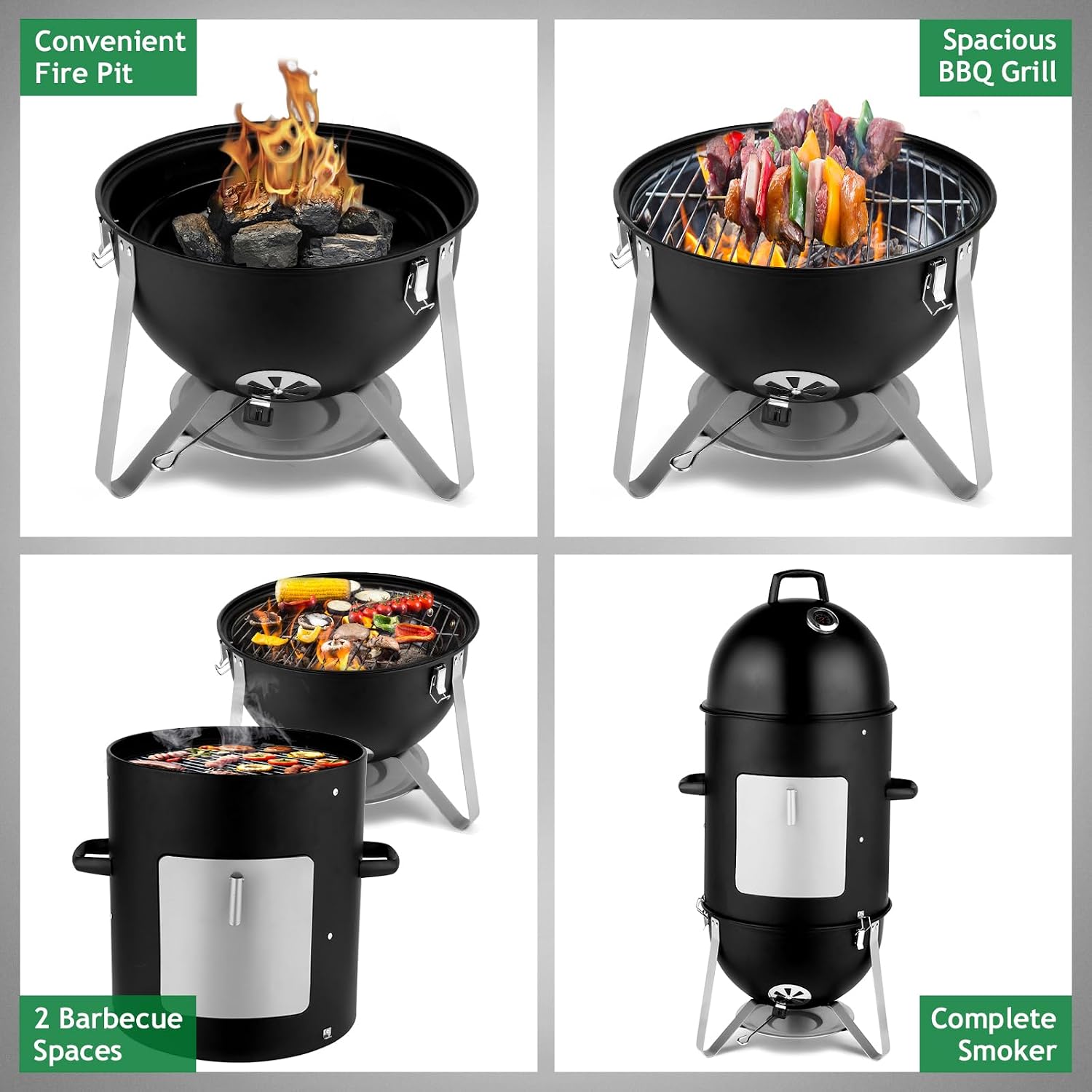 VINGLI 4-Tier 3-in-1 Vertical Charcoal Grill, 18.8 Charcoal Smoker with Built-in Thermometer, Air Vent and Access Doors, Perfect for Outdoor Cookings, Camping, Picnics, BBQs, and Tailgating Parties