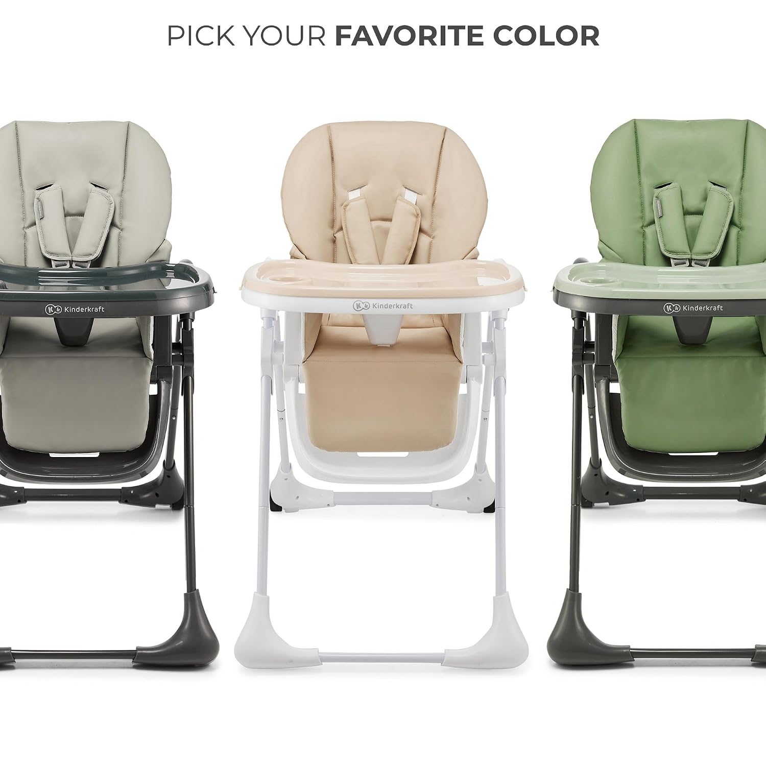 Kinderkraft Tummie, 2-in-1 high Chair, Baby Chair, Ergonomic, Comfortable, Reclining, Foldable, with Ajustable Height, Footrest, Detachable Tray, for Toddler, with Toys, Green