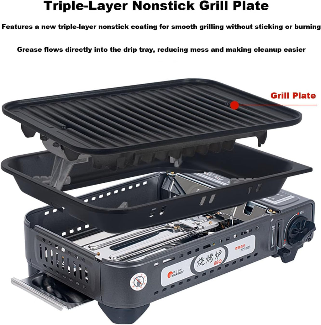 MAXSUN Portable Butane Grill, Tabletop BBQ Camping Stove MS-8, 7,250BTU Outdoor Gas Grill with Nonstick Plate, Fast Heat-Up Portable Cooker for Tailgating, Picnics & Korean BBQ