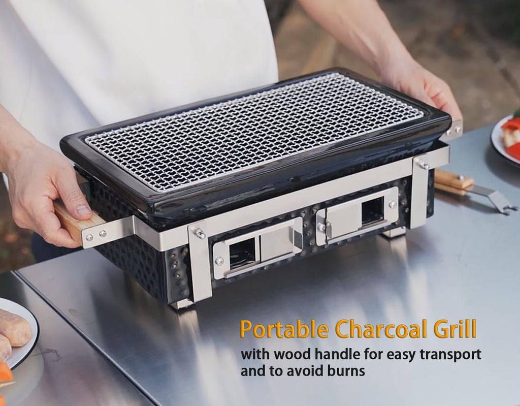 ONLYFIRE GRILLS Charcoal BBQ Hibachi Grill with Grid Lifter, Portable Yakitori Grill with Stainless Steel Grate, Barbecue Stove for Outdoor Camping Picnic Patio Backyard Cooking, GS306