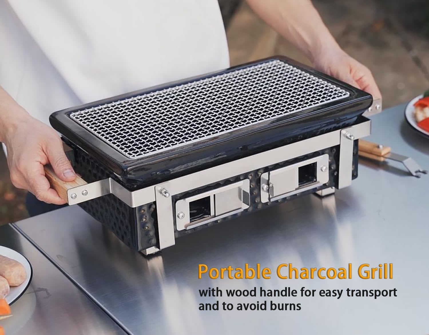 ONLYFIRE GRILLS Charcoal BBQ Hibachi Grill with Grid Lifter, Portable Yakitori Grill with Stainless Steel Grate, Barbecue Stove for Outdoor Camping Picnic Patio Backyard Cooking, GS306