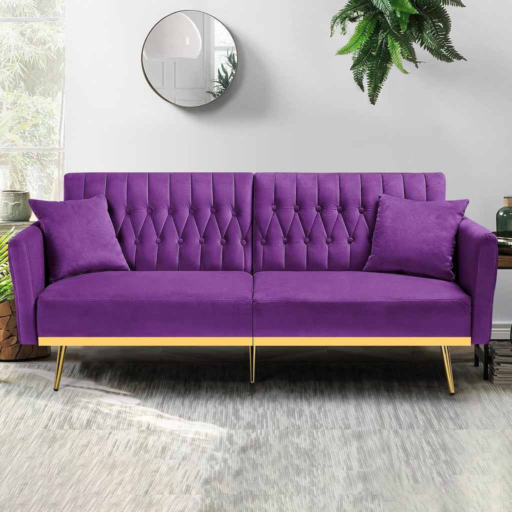 70' Velvet Futon Sofa Bed with 2 Pillows and Adjustable Armrests, Convertible Sleeper Bed W/Adjustable Backrests, Modern Loveseat for Living Room, Bedroom, Purpel