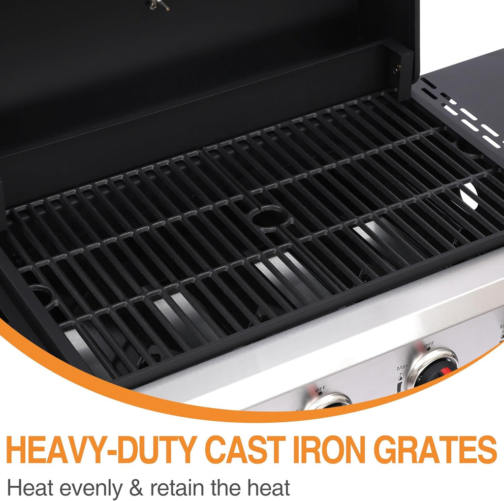 4 Burner Gas Grills Outdoor Cooking Propane Gas Grill BBQ Grill Portable Barbecue Grills with Cast Iron Grate, Pan and Folding Side Table 40000 BTU Output Easy-Clean