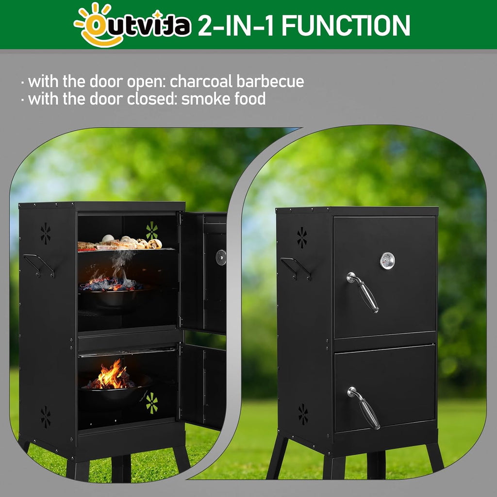 ROVSUN 2-in-1 Outdoor Smoker with Double Doors, Vertical Portable Charcoal Grill with Two Detachable Grill Smoking Racks and Charcoal Pan, Perfect for Camping Barbecue, Black