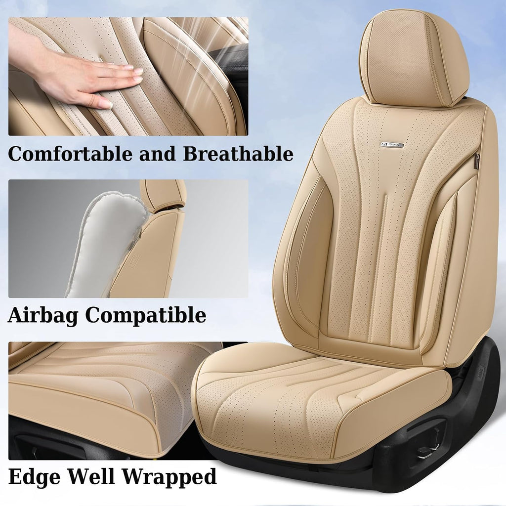 Coverado Car Seat Covers Full Set, Breathable Nappa Leather Seat Covers for Cars, Universal Seat Covers, Front and Back Waterproof Car Seat Protector, Automotive Seat Cushion Fit Most Cars(Beige)