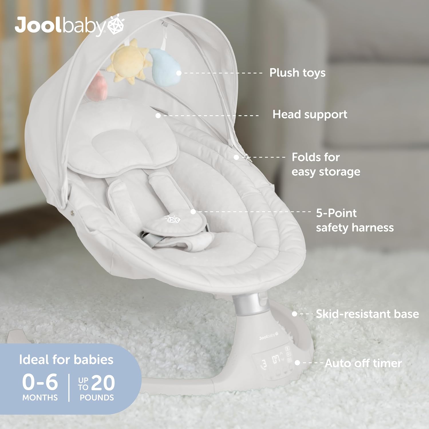 Jool Baby Nova Swing for Newborns - Electric Motorized Infant Swing, Bluetooth Music, 10 Preset Melodies, Remote (Updated Model, Stone)