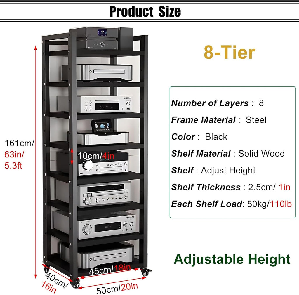 SRNSAEB Audio Equipment Rack Cabinet Media Shelf, Audio Video Media Stand Cabinet with 4 Shelves Height Adjustable Modern AV Cabinet with Brake Wheel, 160cm/ 63inch Height(8-Tier)
