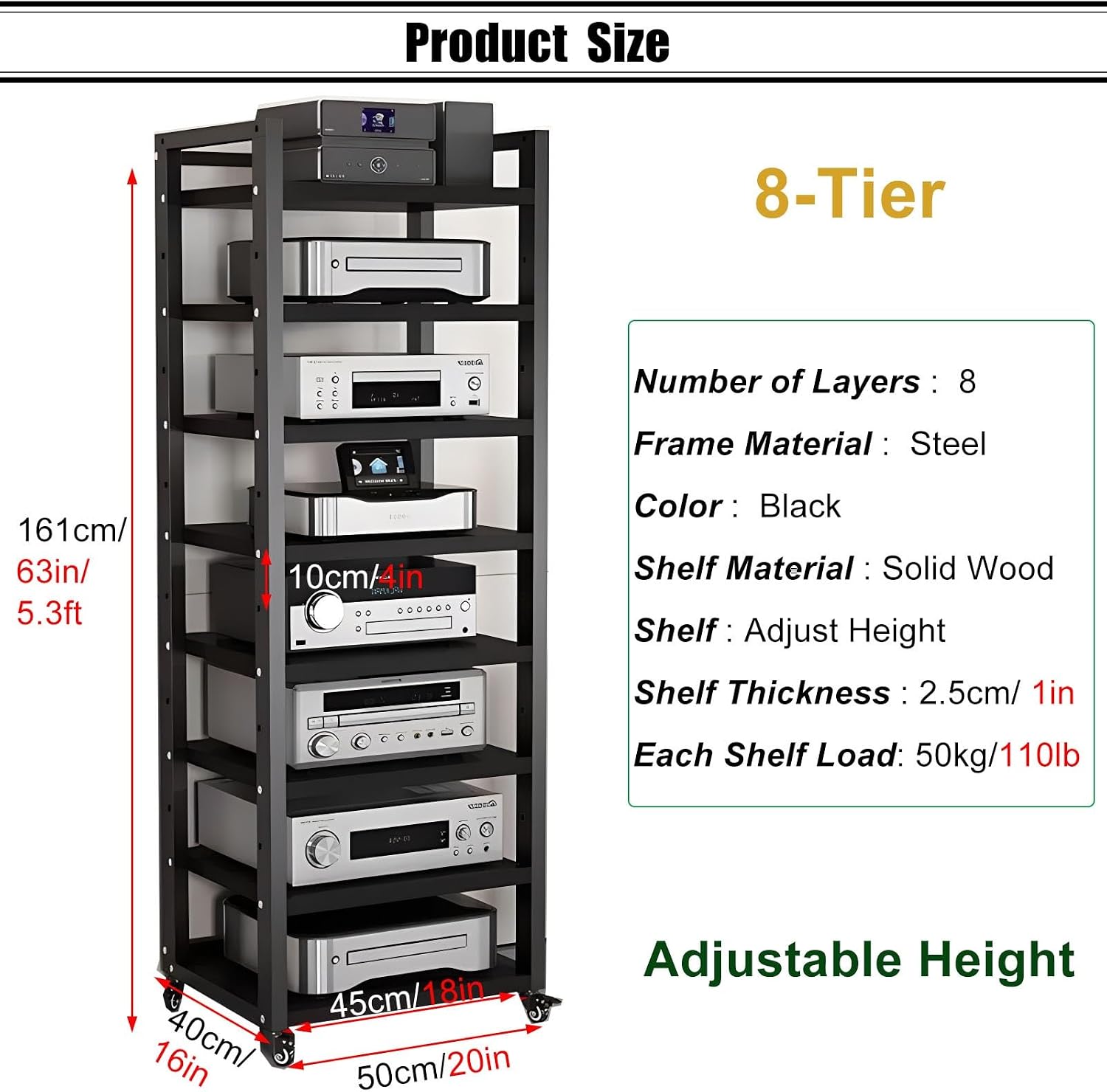 SRNSAEB Audio Equipment Rack Cabinet Media Shelf, Audio Video Media Stand Cabinet with 4 Shelves Height Adjustable Modern AV Cabinet with Brake Wheel, 160cm/ 63inch Height(8-Tier)