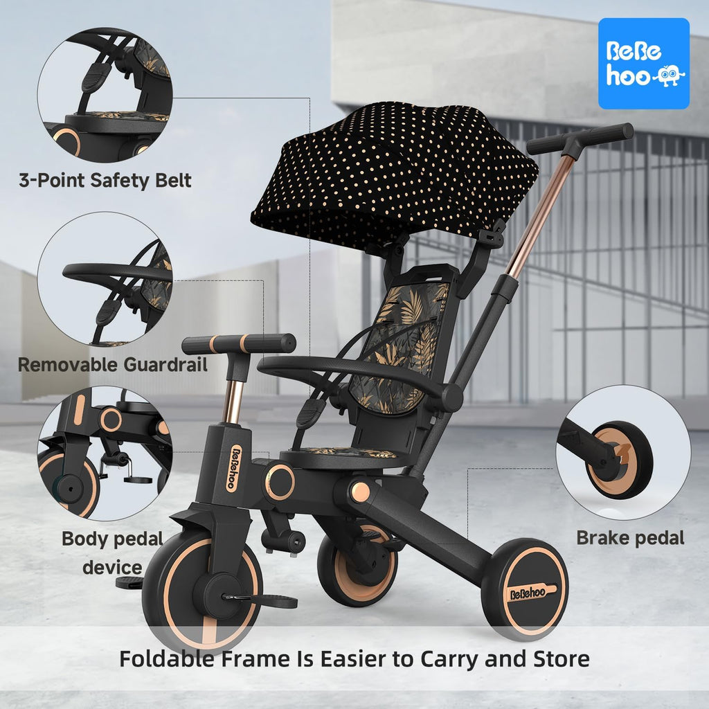 Tricycle Stroller for Toddler,Foldable Baby Tricycle,Kids Balance Bike with Push Handle,Toddlers Stroller Bike with 1 to 5 Years,7-in-1 Push Tricycle Bike for Kids(Gold)