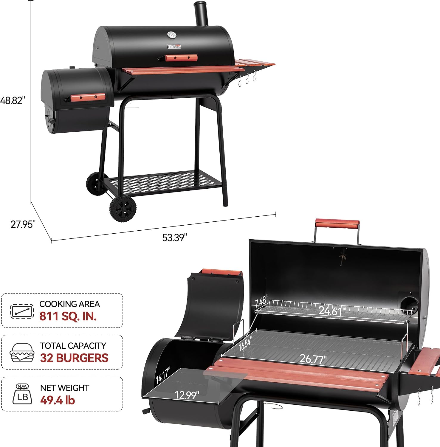 Royal Gourmet CC1830W 30-Inch Charcoal Grill with Offset Smoker and Wood-Painted Side Table, Outdoor Smoker Grill with 811 Sq. In. Cooking Area for Outdoor Barbecue Event, Black