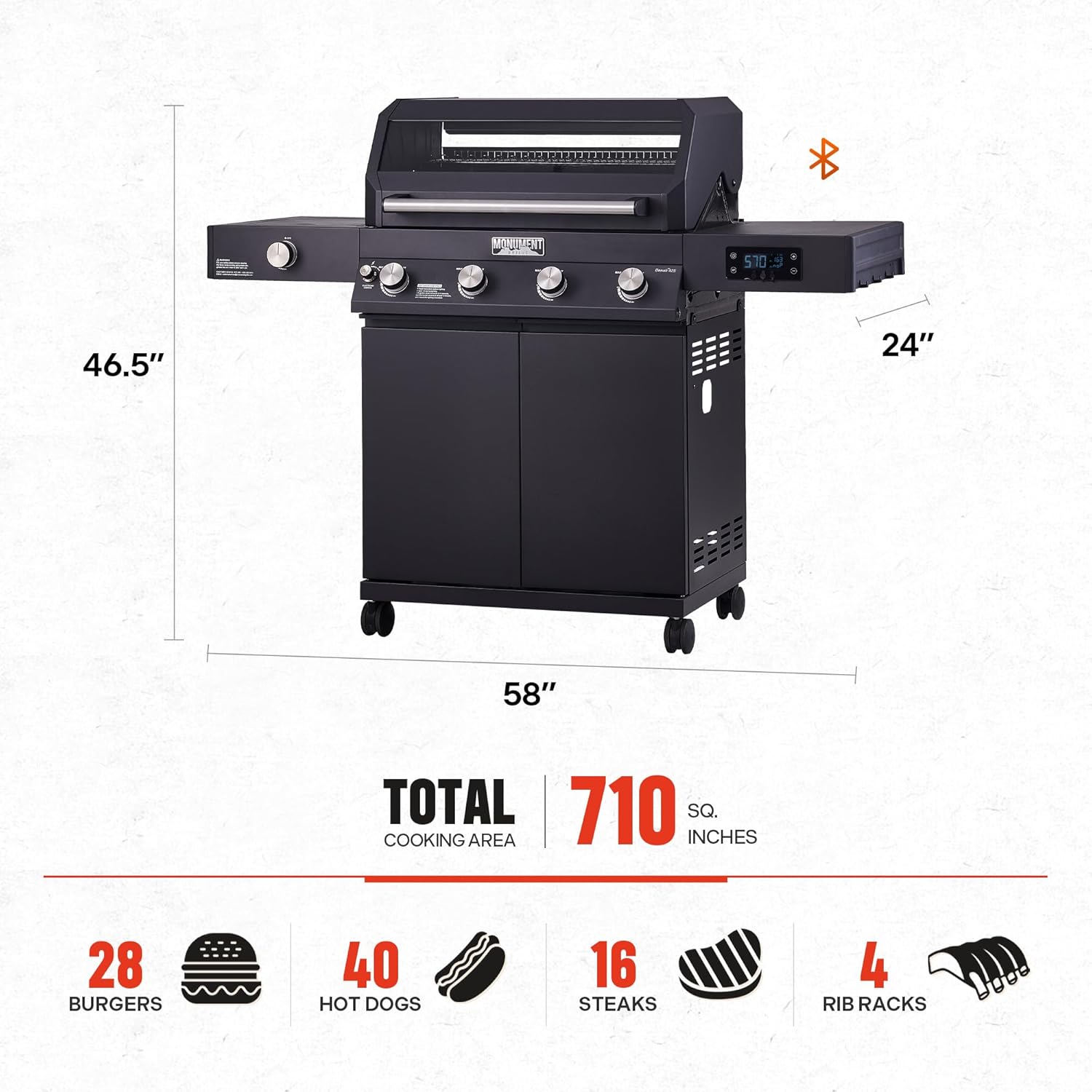 Monument Grills Denali Series, 4+1 Liquid Propane Gas Smart BBQ Grill, 4 Burners & 1 Side Burner Denali 425 with Smart Technology and Knob Controls, Black