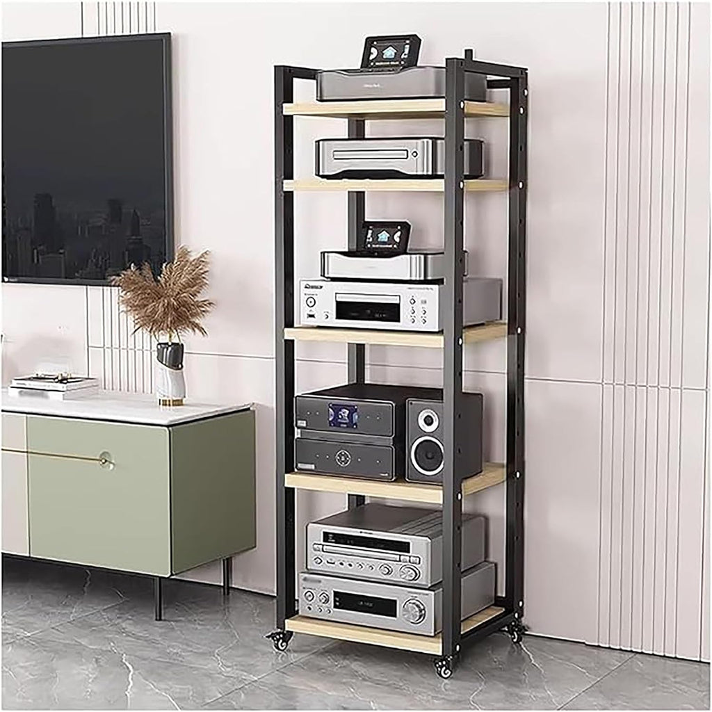 Audio Rack Av Tower Media Stand 5-tier Electronics Equipment Shelf, 6 7 8 Shelf Tall Rolling Stereo Cabinet Racks With Wheels & Height-Adjustable Shelf For Amplifiers/Players/TV, Black-a-5-Tiers