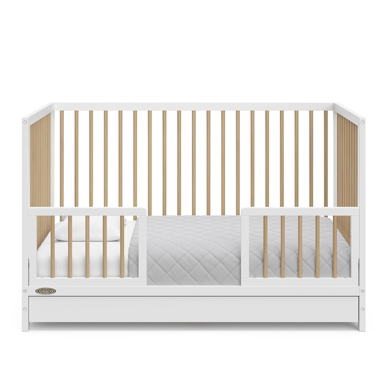 Graco Teddi 5-in-1 Convertible Crib with Drawer – GREENGUARD Gold Certified, Full-Size Nursery Storage Drawer, Baby Crib Converts to Toddler Bed, Daybed and Full-Size Bed (White and Driftwood)