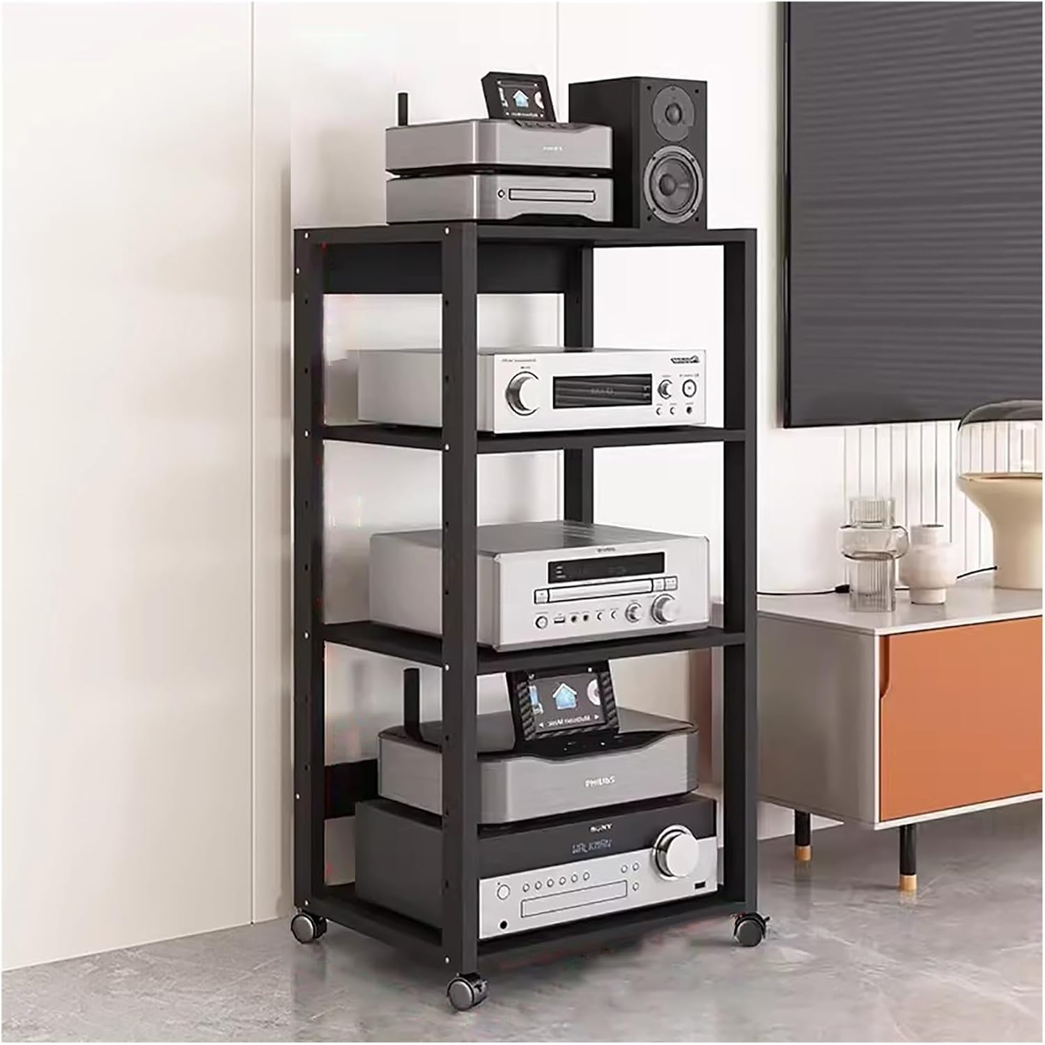 3/4/5/6/7 Tier Audio Component Rack Tower Media Stereo Stand Equipment Shelves with Wheels, Modern Tall HiFi Racks Audio/Video Component Cabinet for Home/Office, 4 tier-110cm(43.3in)