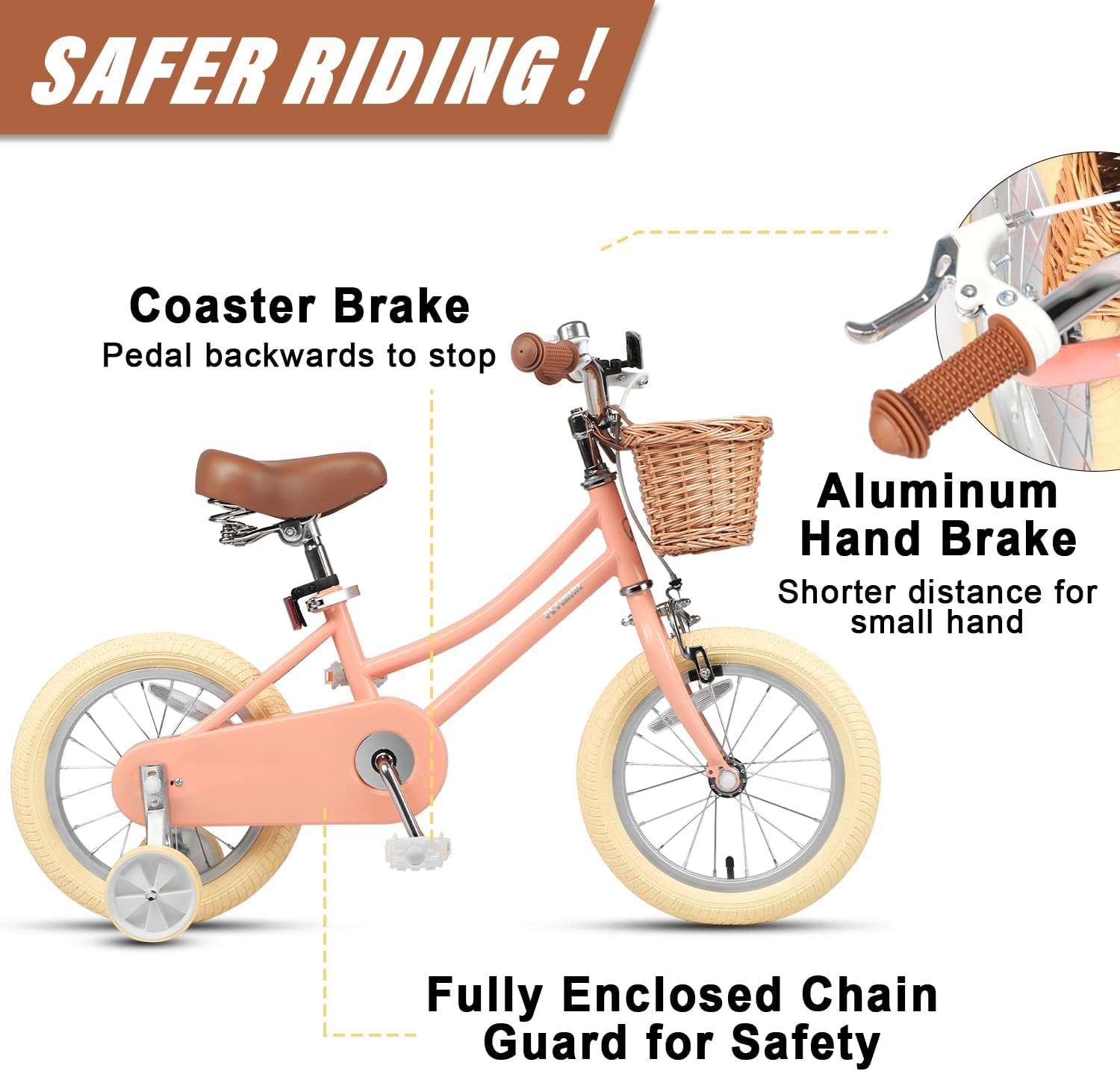 Petimini Vintage Kids Bike for Girls, 12–20 Inch Classic Bicycle with Wicker Basket & Bell, High Tensile Steel Frame, Training Wheels (12–18'), 85% Pre-Assembled, Retro Bike for Outdoor Riding