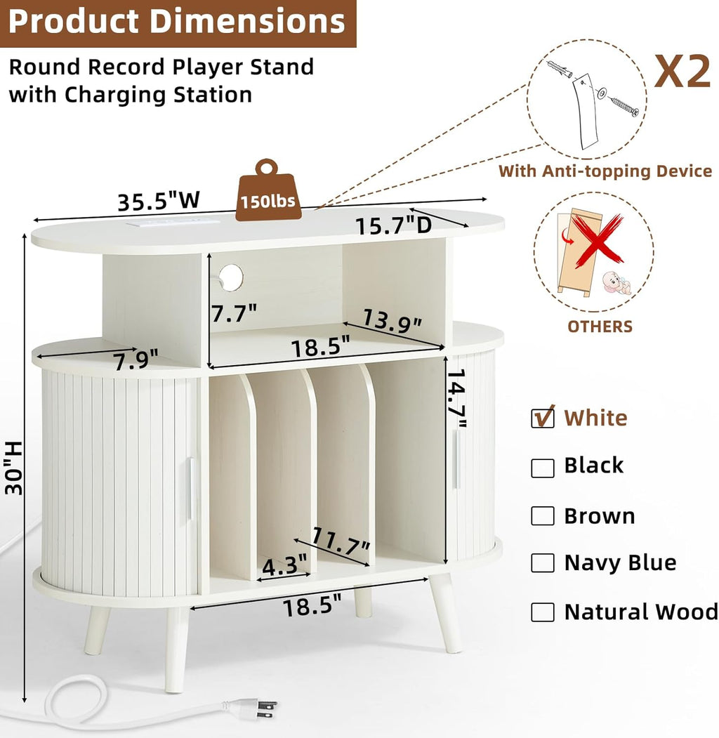 LELELINKY Large Round Record Player Stand with Charging Station & Fluted Display Shelf, White Mid Century Modern Turntable Cabinet with Vinyl Storage, Arched Wood Record Player Table for Living Room
