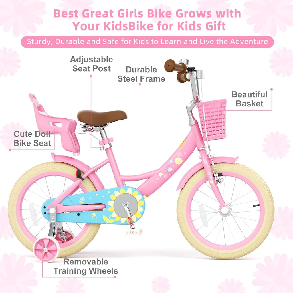 Glaf Toddler Girls Bike for Age 2-9 Years Old 12 14 16 Inch Girls Bike with Training Wheels and Doll Seat Kids Bike Bicycle with Basket