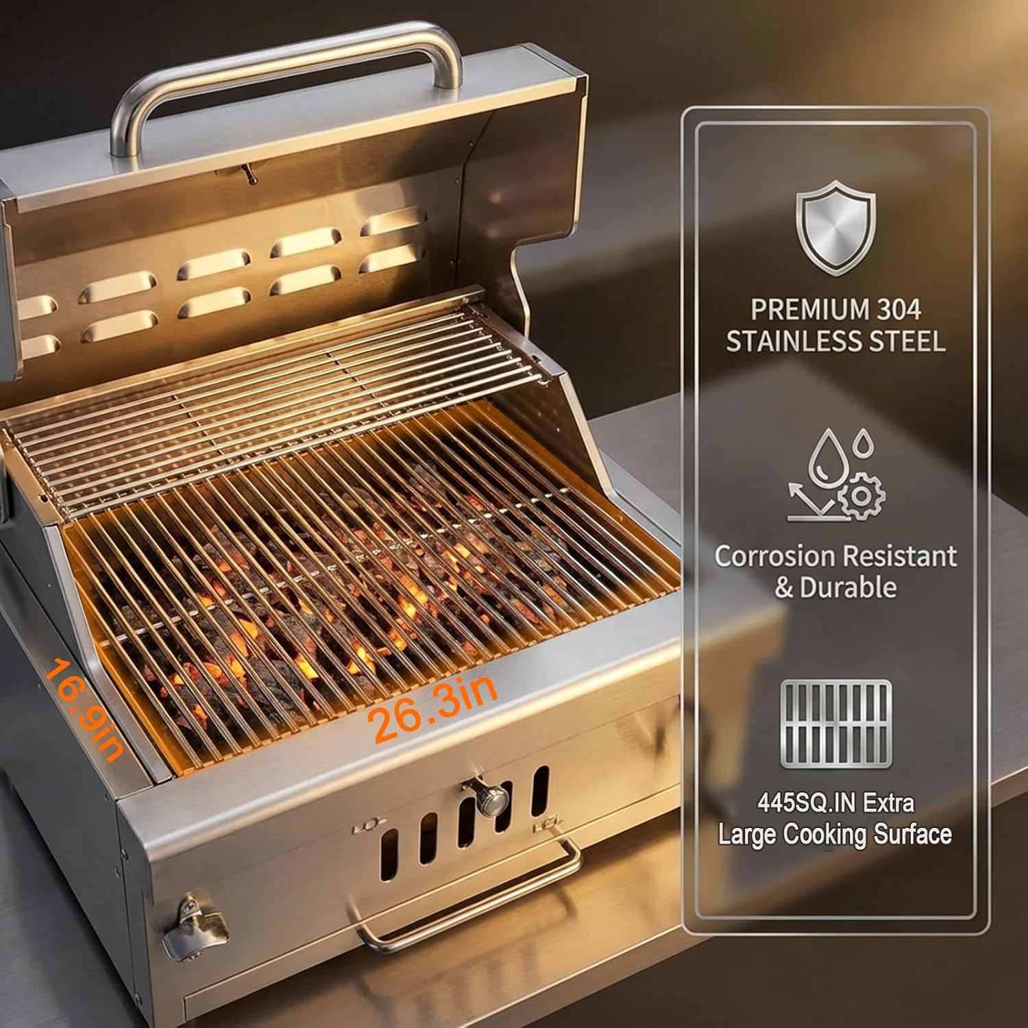 28In Built in BBQ Grills, Large Outside Charcoal Grill with BBQ Fork Kit Liftable Tray & Thermometer, Silver Stainless Steel Barbecue Grill for Outdoor Kitchen Cooking Patio Camping Park