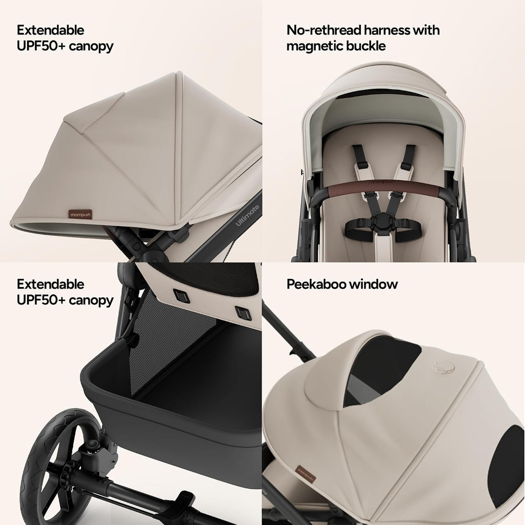 Mompush Ultimate 3 Baby Stroller, Premium Convertible Full-Size Stroller for Toddler to 50 lbs – 11.8' All-Terrain Wheels; Four-Wheel Suspension; Reversible Extendable Seat; One-Second Fold