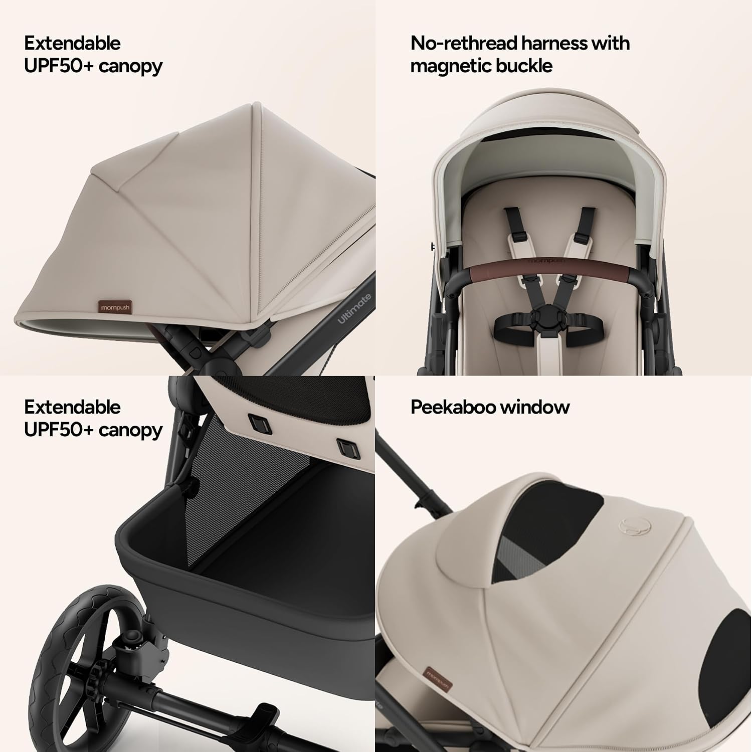 Mompush Ultimate 3 Baby Stroller, Premium Convertible Full-Size Stroller for Toddler to 50 lbs – 11.8' All-Terrain Wheels; Four-Wheel Suspension; Reversible Extendable Seat; One-Second Fold