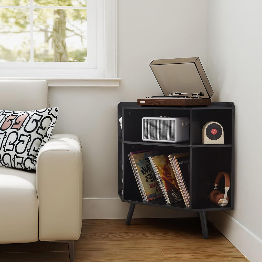 Corner Record Player Stand with Charging Station & USB Ports, 3 Tier Mid Century Modern Vinyl Record Storage Cabinet, Wood Turntable Stand for Music Room, Living Room, Small Space (Black)