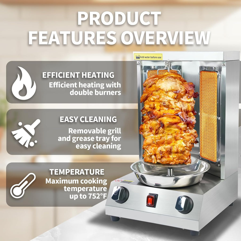 Shawarma Grill Machine Gas Vertical Rotisserie with 2 Burners, Propane Doner Kebab Oven 13 lbs Capacity, Gyro Meat Broiler Machine with Shovel, 110V