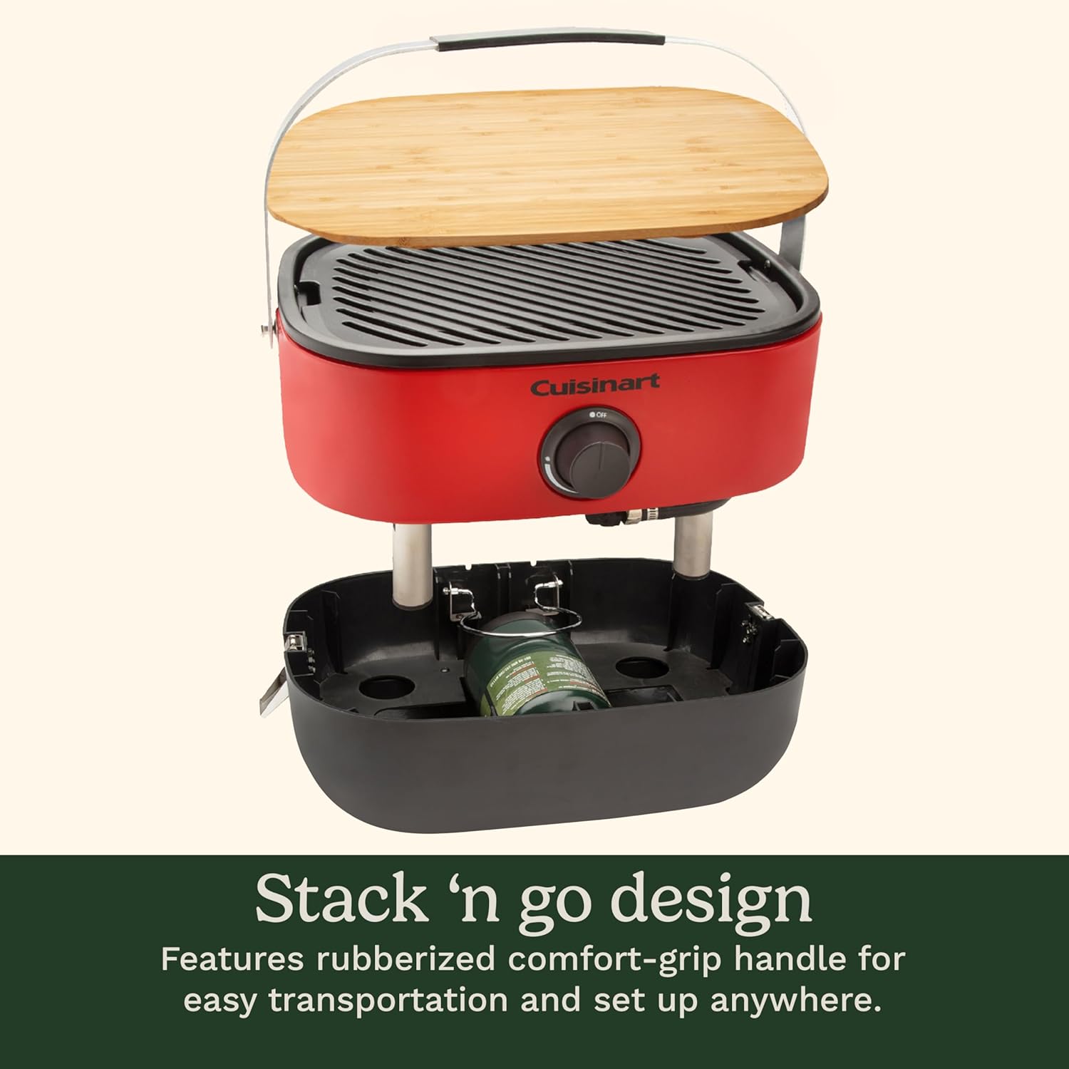 Cuisinart Venture™ Portable Gas Grill, Small Camping Grill with Cutting Board and Handle, Non Stick Porcelain Enameled Cast Iron Grate, 9,000 BTU Stainless Steel Burner for Camping, Tailgates, Beaches