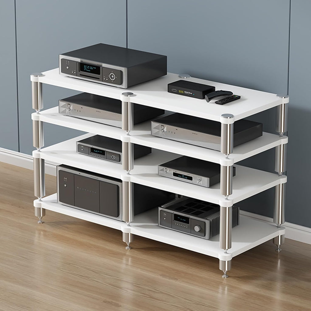 YVYKFZD 2/3/4-Tier AV Media Stand, Stand Audio Rack Corner Component Cabinet, Open Stereo Cabinet with Shock-Absorbing Feet, Power Amplifier Shelf Equipment(Size:White 4 Tier-47.2'X18.9'X33')