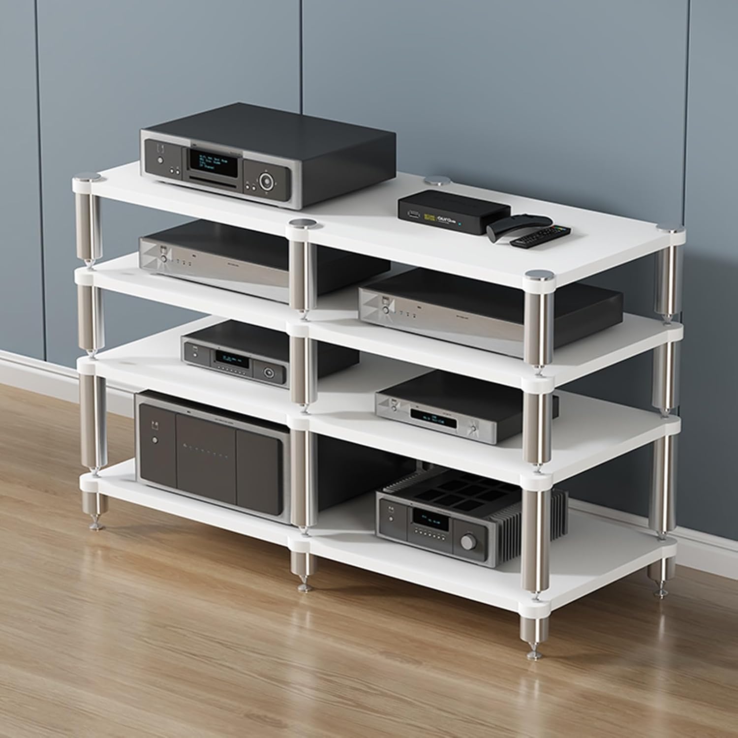 YVYKFZD 2/3/4-Tier AV Media Stand, Stand Audio Rack Corner Component Cabinet, Open Stereo Cabinet with Shock-Absorbing Feet, Power Amplifier Shelf Equipment(Size:White 4 Tier-47.2'X18.9'X33')