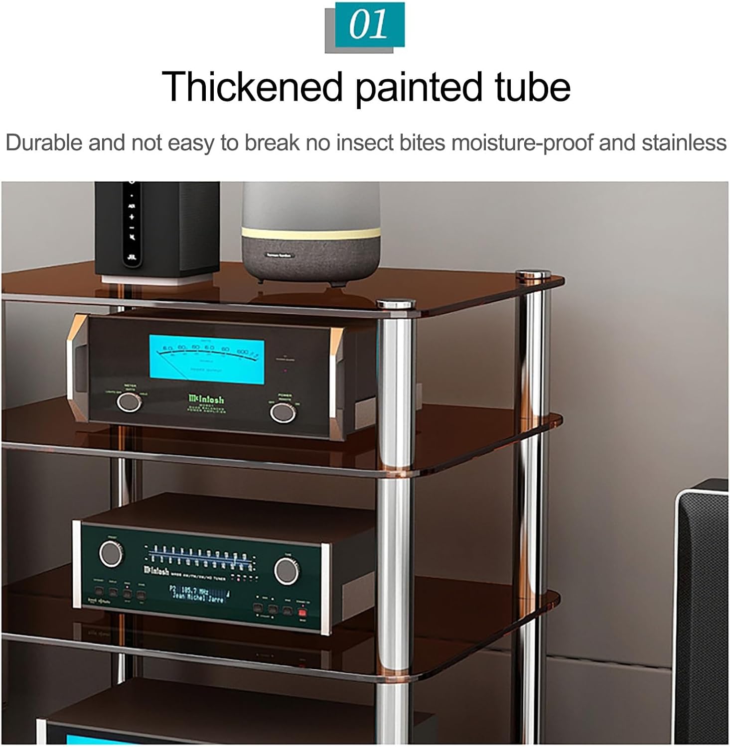 Stereo Rack AV Media Stand with 1/2/3/4-Tier Tempered Glass Shelves, Audio Rack Tower CD Record Player Stereo Receiver AV Equipment Cabinet Display Stand(Clear,35cm/13.8in)