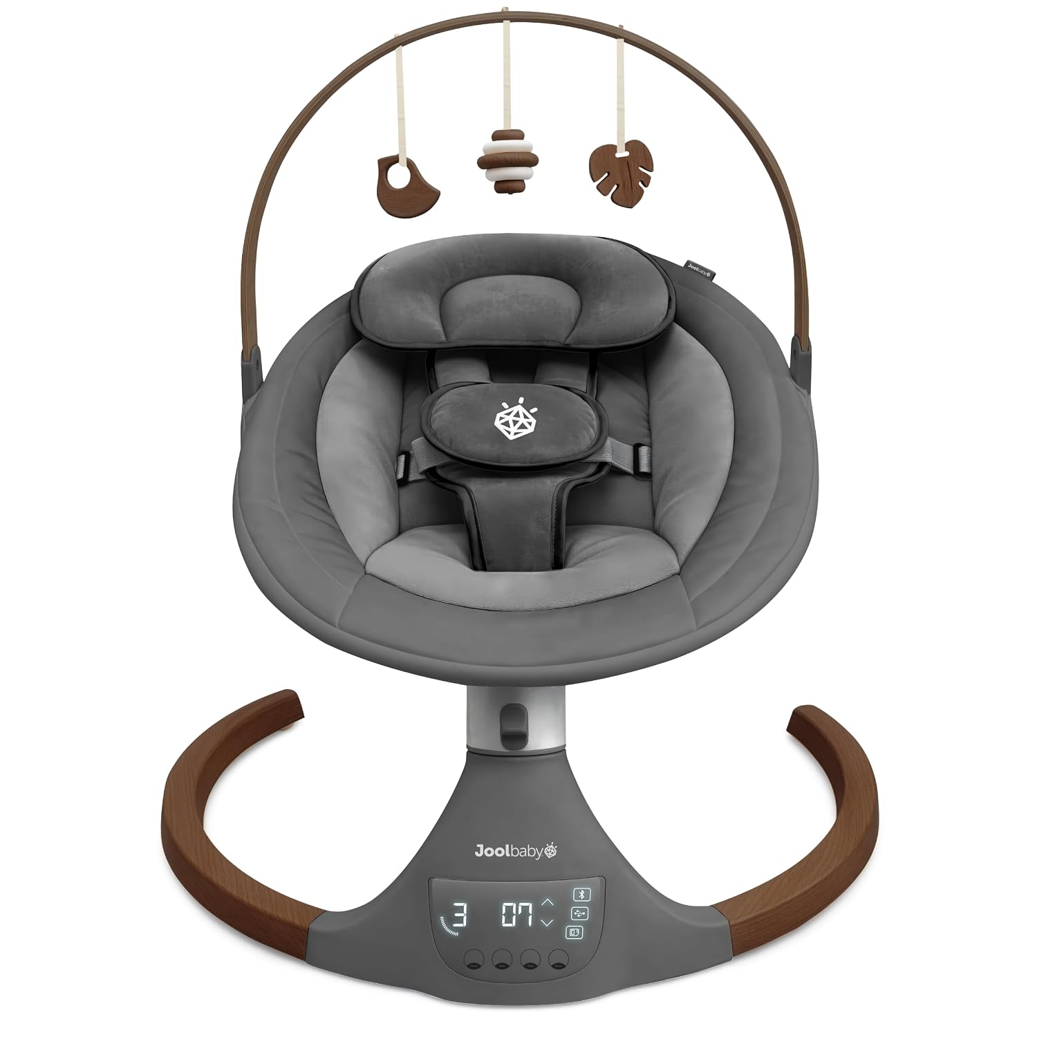Jool Baby Nova Nature Baby Swing for Newborns with Natural Wood Toys, Electric Motorized Infant Swing, Bluetooth Music, Remote (Slate)