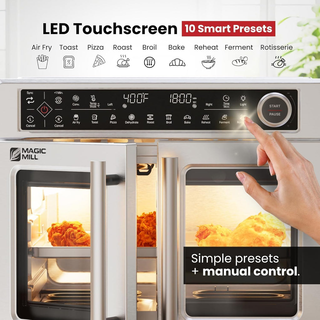 Magic Mill Ultra-Premium Air Fryer Toaster Oven Combo With Independent Dual-Zone Technology, Extra Large 32QT French Door Stainless Steel Convection Oven, Next-Gen Patent Technology, 13 accessories